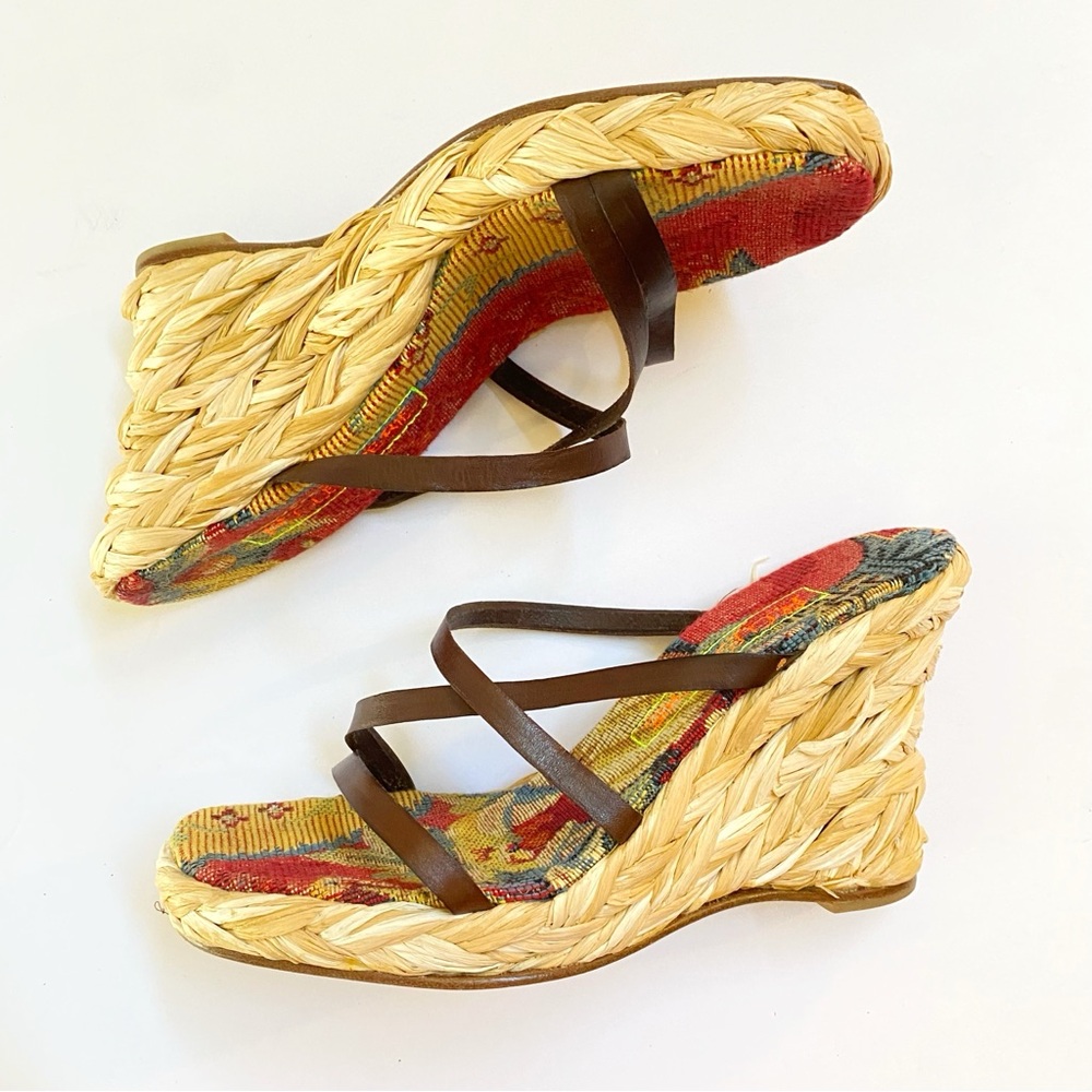 ROBERT CLERGERIE BROWN LEATHER STRAPS OPEN TOE BRAIDED ESPADRILLE WEDGES - Picture 2 of 9